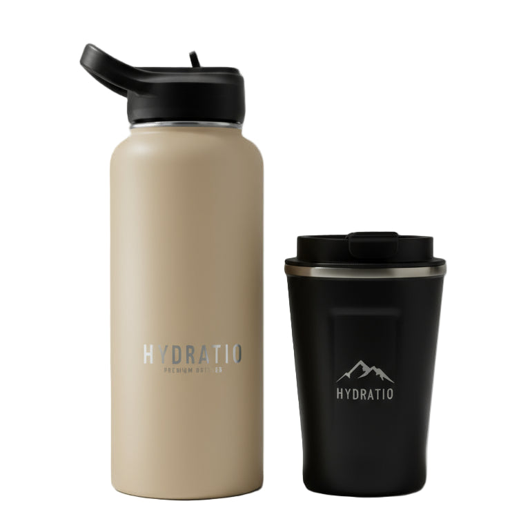 Hydratio Sand & Shadow Bundle - taupe en zwarte thermosfles en mok premium cadeauset