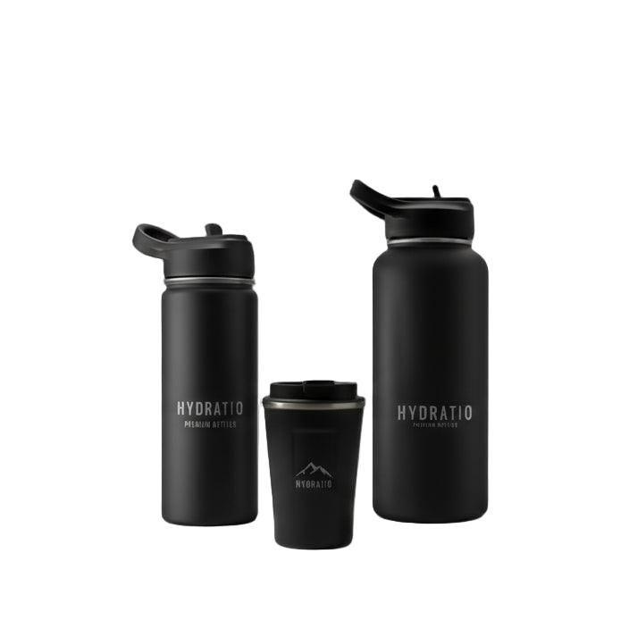 Hydratio De Onyx Bundle - zwarte thermosfles en thermosmok premium cadeauset voor hem