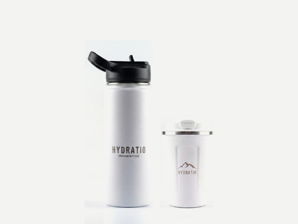 Poolwit Duo: Hydratio Essence thermosfles 0,5L in Arctic White naast Eluna thermosmok 350ml in Arctic White
