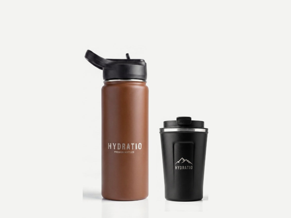 Koffiepauze Duo: Hydratio Essence thermosfles 0,5L in Timber Brown naast Eluna thermosmok 350ml in Onyx
