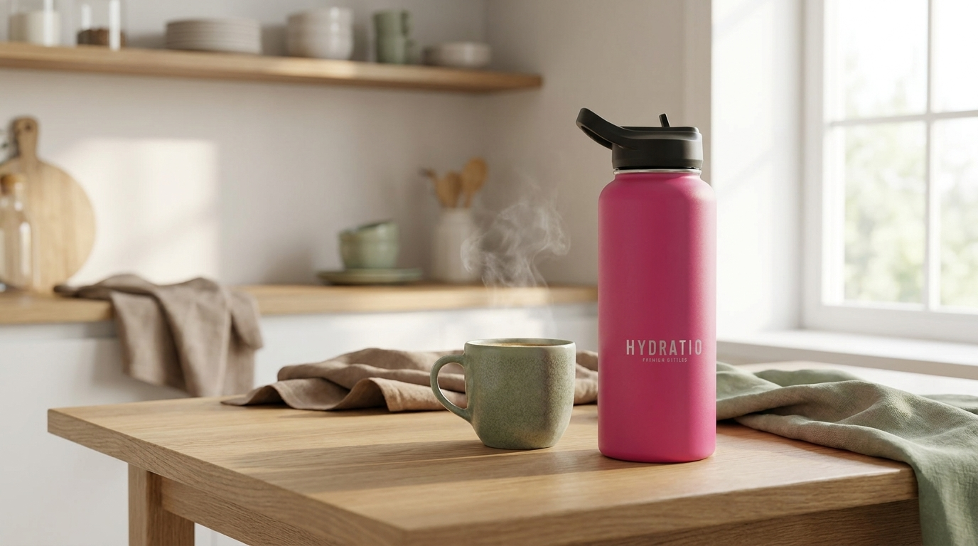 Schone Hydratio thermosfles op keukentafel