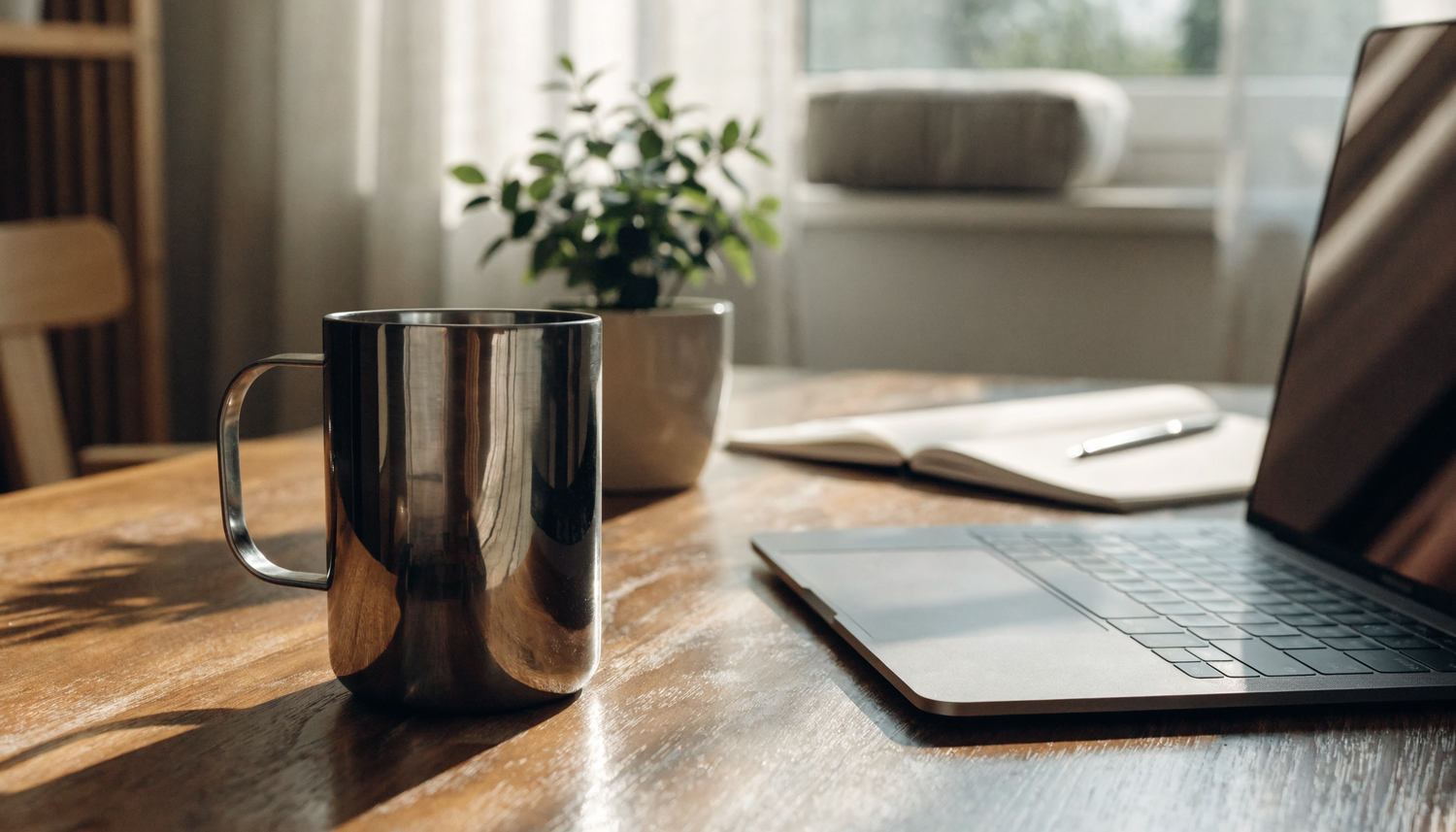 Koffie warm houden onderweg — Hydratio thermosmok op bureau naast laptop