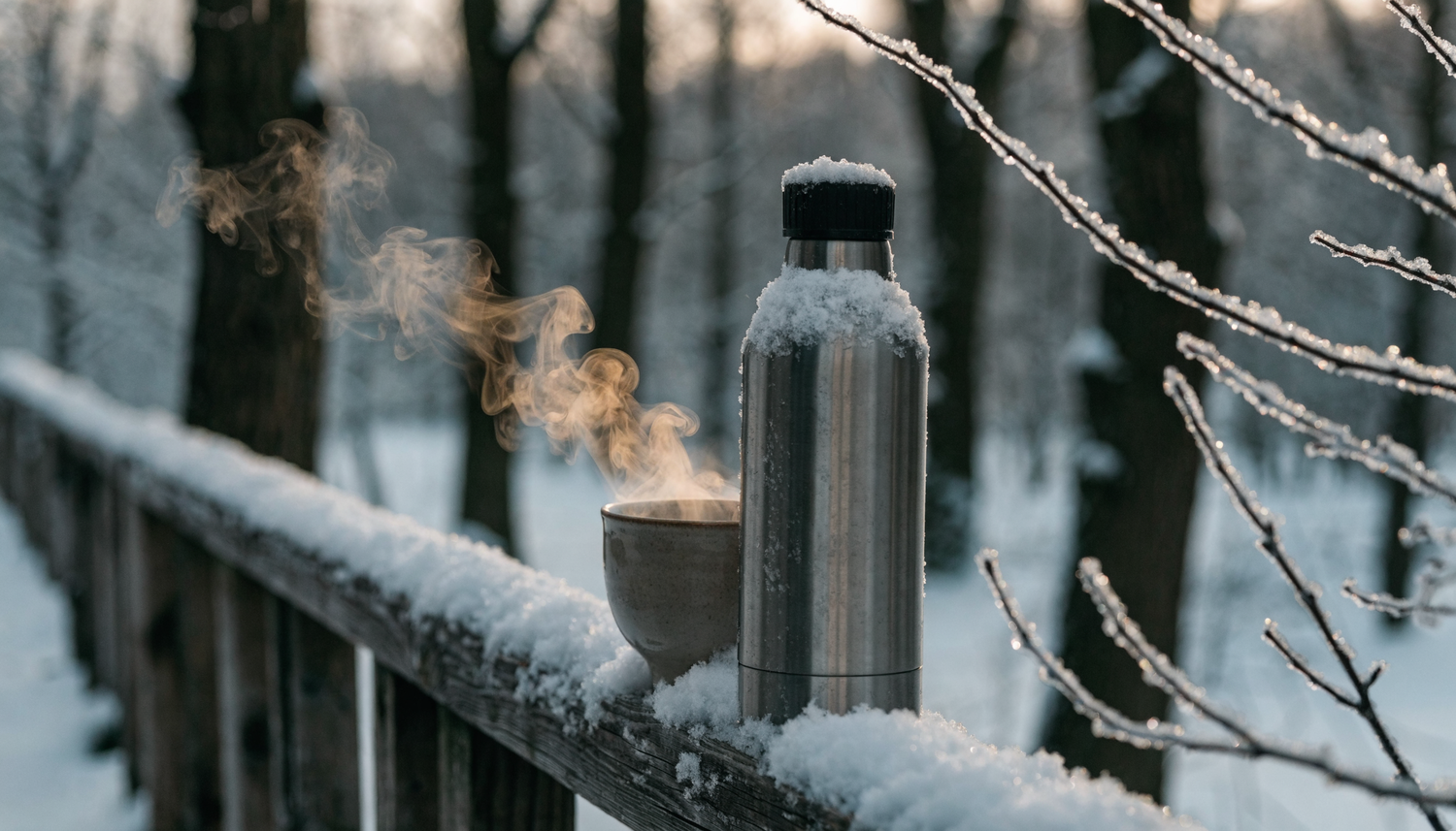 Thermosfles in de winter — warm drankje onderweg in het sneeuwlandschap