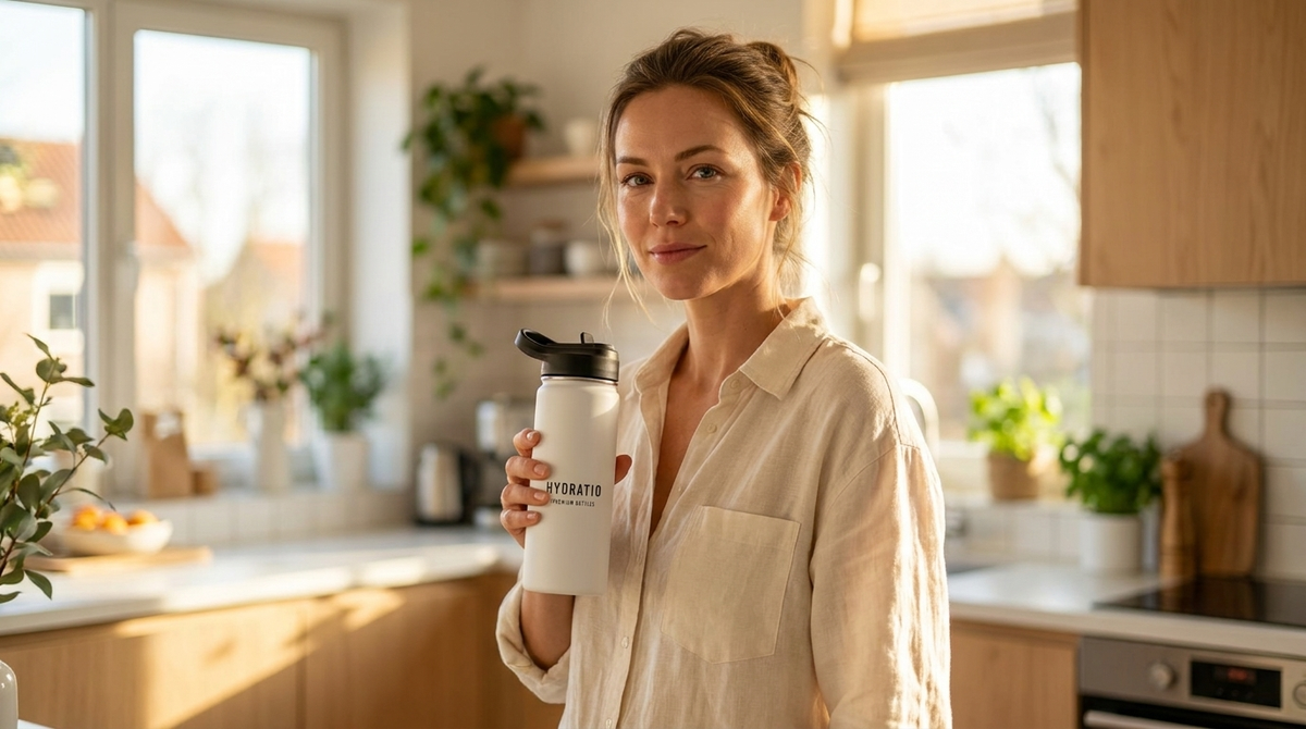 Hydratio thermosfles koopgids — vrouw met thermosfles in moderne keuken