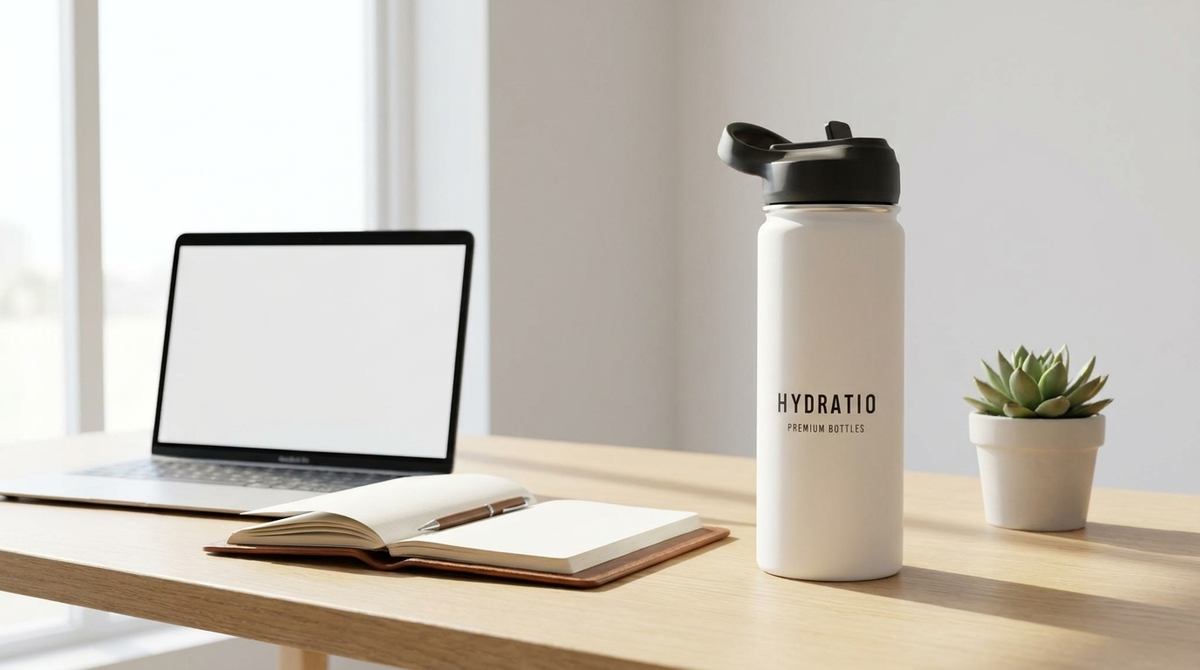 Hydratio thermosfles op kantoor bureau met laptop en koffie