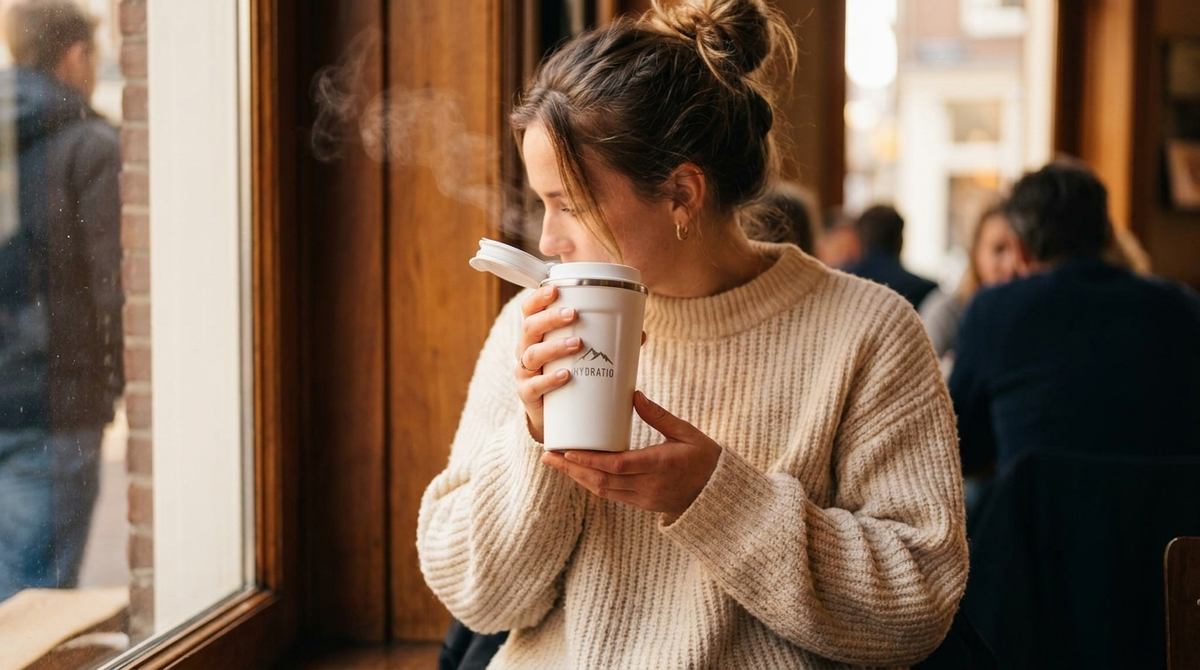 Vrouw in café met Hydratio Eluna thermosmok, warme koffie onderweg