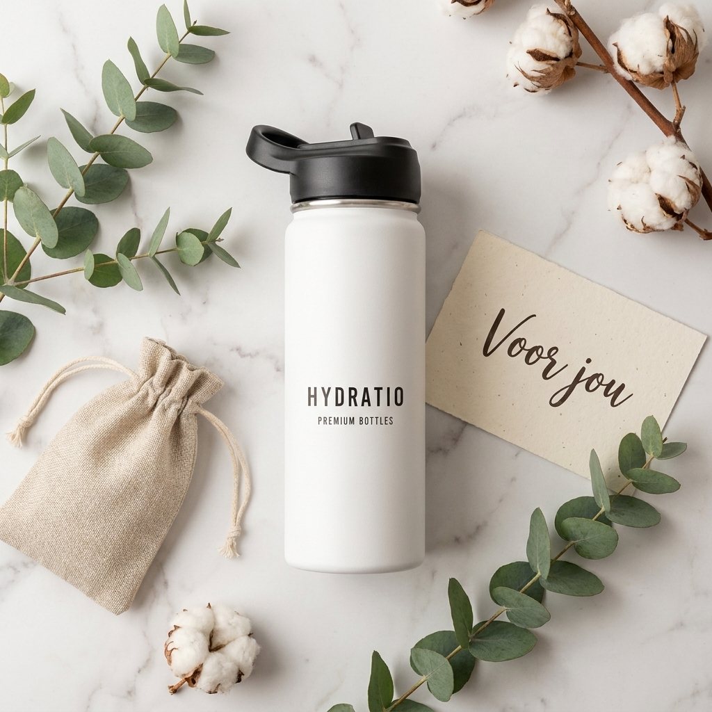 Hydratio thermosfles als duurzaam cadeau, elegant ingepakt met eucalyptus