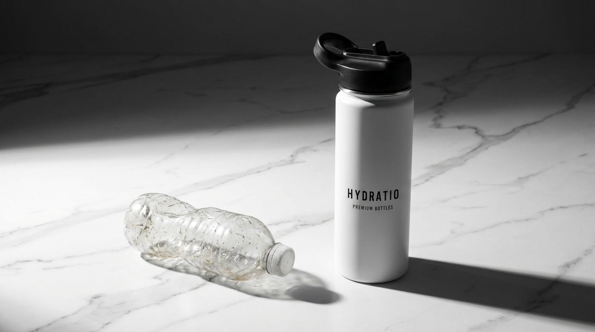 Duurzame Hydratio thermosfles naast wegwerpplastic flessen