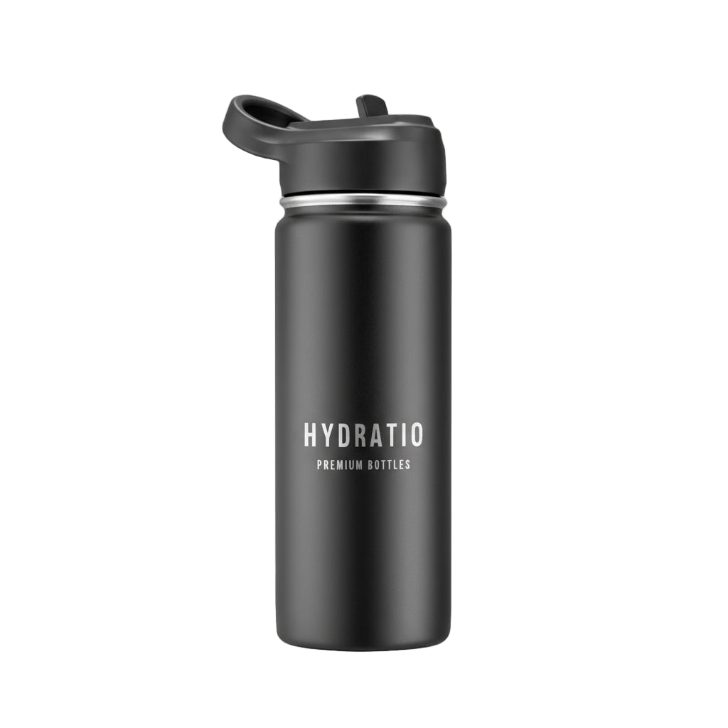 Hydratio Essence 0,5L Midnight Black op tafel – zakelijke zwarte thermosfles 500ml