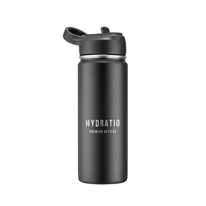 Hydratio Essence 0,5L Midnight Black op tafel – zakelijke zwarte thermosfles 500ml