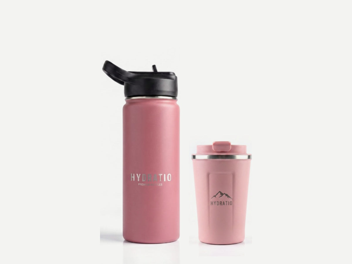 Ochtendgloren Duo: Hydratio Essence thermosfles 0,5L in Blush Pink naast Eluna thermosmok 350ml in Rose Quartz