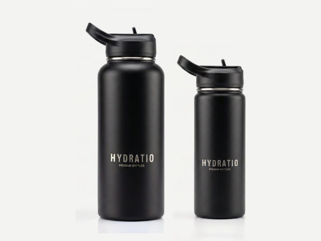 Dubbel Zwart Duo: Hydratio Essence thermosflessen 1L en 0,5L in Midnight Black naast elkaar