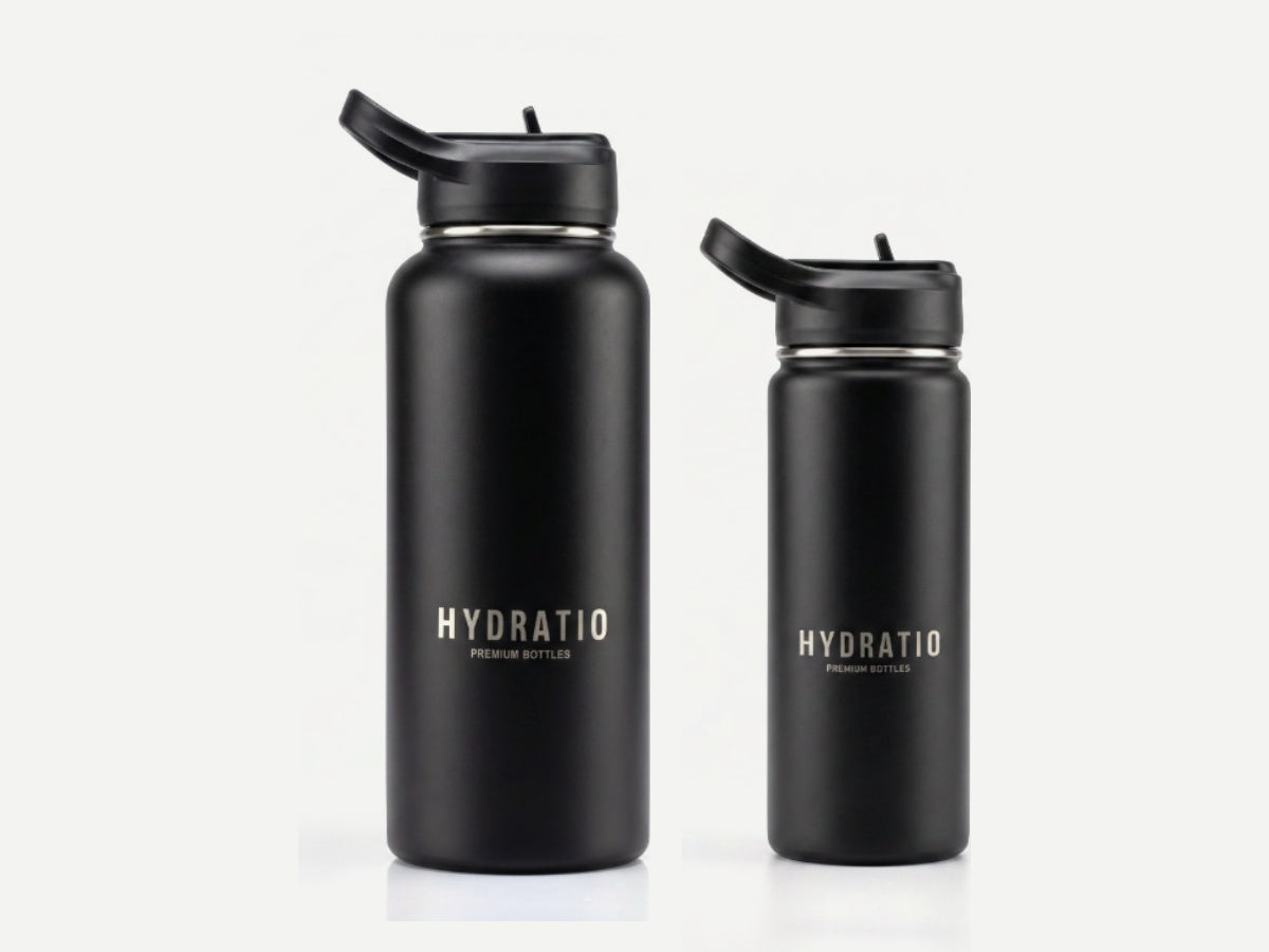 Dubbel Zwart Duo: Hydratio Essence thermosflessen 1L en 0,5L in Midnight Black naast elkaar