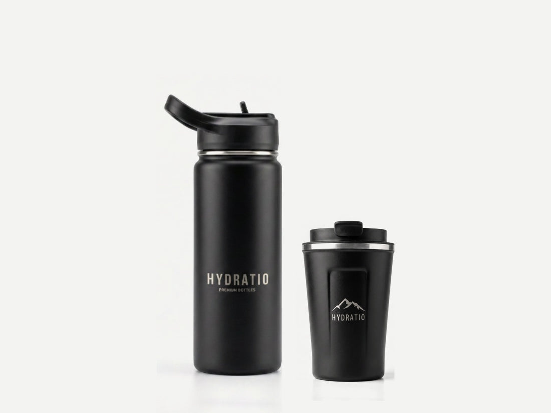 Middernacht Duo: Hydratio Essence thermosfles 0,5L in Midnight Black naast Eluna thermosmok 350ml in Onyx
