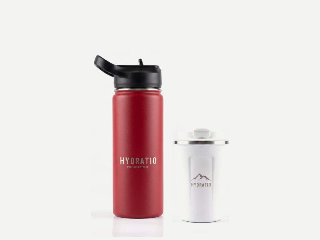 Vuurtoren Duo: Hydratio Essence thermosfles 0,5L in Imperial Red naast Eluna thermosmok 350ml in Arctic White