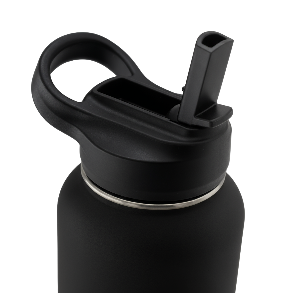 Zijaanzicht Hydratio Essence 1L Midnight Black - slank cilinderontwerp voor rugzak